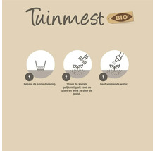 Gebruiksaanwijzing voor biologische tuinmest in drie stappen: de juiste dosering bepalen, korrels uitstrooien en inwerken, en voldoende water geven.