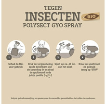 Instructies voor Polysect GYO insectenspray: schudden voor gebruik, spuitmond ontgrendelen, spuiten op circa 40 centimeter en op stop zetten.