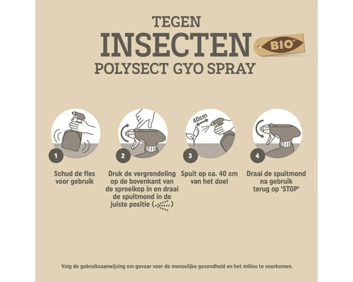 Instructies voor Polysect GYO insectenspray: schudden voor gebruik, spuitmond ontgrendelen, spuiten op circa 40 centimeter en op stop zetten.