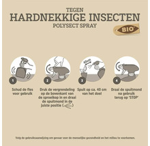 Instructies voor Polysect Spray: 1. Schudden, 2. Spuitmond instellen, 3. Op circa 40 centimeter spuiten, 4. Op Stop draaien. Biologisch product.