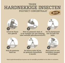 Instructie biologisch Polysect concentraat tegen insecten: schudden, doseren, spuit half vullen, dosis toevoegen, bijvullen en mengen.