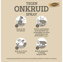 Instructies voor natuurlijke onkruidspray: 1. Fles schudden, 2. Sproeikop instellen, 3. Spuiten op circa 40 cm afstand, 4. Na gebruik op Stop zetten.