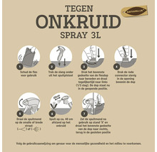 Instructies voor natuurlijk onkruidspray 3 liter in zeven stappen: schudden, slang uittrekken, dop openen, aansluiten, instellen en spuiten.
