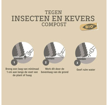 Instructie voor bio-compost tegen insecten en kevers: 1 centimeter laag aanbrengen, door de grond werken en ruim water geven.