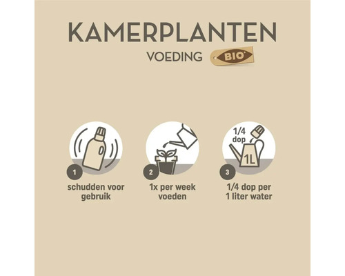 Gebruiksaanwijzing bio kamerplantenvoeding: schudden voor gebruik, één keer per week voeden, een kwart dop per één liter water.
