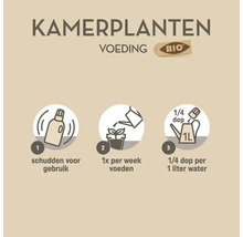 Gebruiksaanwijzing bio kamerplantenvoeding: schudden voor gebruik, één keer per week voeden, een kwart dop per één liter water.