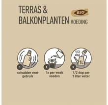 Instructies voor biologische terras- en balkonplantenvoeding: voor gebruik schudden, eenmaal per week voeden, halve dop per een liter water.