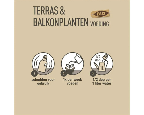 Instructies voor biologische terras- en balkonplantenvoeding: voor gebruik schudden, eenmaal per week voeden, halve dop per een liter water.