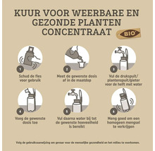 Infographic met 6 stappen voor het gebruik van een biologisch plantenverzorgingsconcentraat: schudden, doseren en mengen met water.