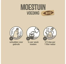 Instructies biologische moestuinvoeding: schudden voor gebruik, één keer per week voeden, een halve dop per één liter water.