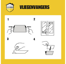 Home Defense Logo. Gebruiksaanwijzing voor vliegenvangers in vier stappen: vouwen, op het raam plaatsen, beschermfolie verwijderen en monteren.