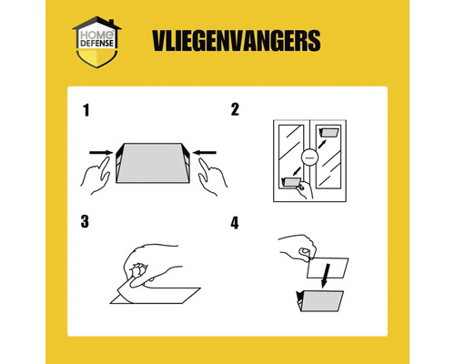 Home Defense Logo. Gebruiksaanwijzing voor vliegenvangers in vier stappen: vouwen, op het raam plaatsen, beschermfolie verwijderen en monteren.