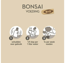 Gebruiksaanwijzing voor biologische bonsai voeding: 1. schudden voor gebruik, 2. een kwart dop per 1 liter water, 3. een keer per week voeden.