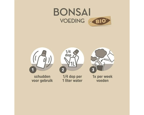 Gebruiksaanwijzing voor biologische bonsai voeding: 1. schudden voor gebruik, 2. een kwart dop per 1 liter water, 3. een keer per week voeden.