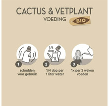 Gebruiksaanwijzing bio cactus- en vetplantvoeding: schudden voor gebruik, een kwart dop per liter water, eenmaal per twee weken voeden.