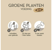 Gebruiksaanwijzing voor bio groene plantenvoeding: schudden voor gebruik, een kwart dop per een liter water, een keer per week voeden.