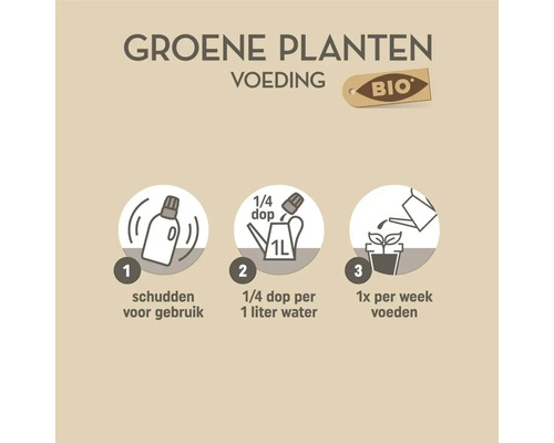 Gebruiksaanwijzing voor bio groene plantenvoeding: schudden voor gebruik, een kwart dop per een liter water, een keer per week voeden.