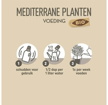 Bio voeding voor mediterrane planten. Instructies: 1. schudden voor gebruik, 2. halve dop per 1 liter water, 3. eenmaal per week voeden.
