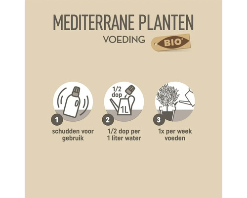Bio voeding voor mediterrane planten. Instructies: 1. schudden voor gebruik, 2. halve dop per 1 liter water, 3. eenmaal per week voeden.