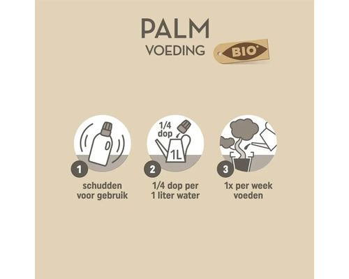 Gebruiksaanwijzing voor biologische palmvoeding: schudden voor gebruik, een kwart dop per een liter water, eenmaal per week voeden.