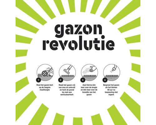 Infographic Gazon Revolutie met 4 stappen voor gazononderhoud: maaien op de laagste stand, verticuteren, graszaad zaaien en het gazon besproeien.