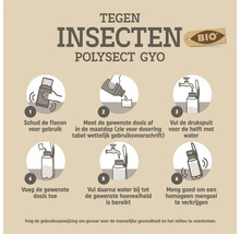 Gebruiksaanwijzing voor biologische Polysect GYO: schudden, doseren, drukspuit vullen, middel toevoegen, water bijvullen en mengen.