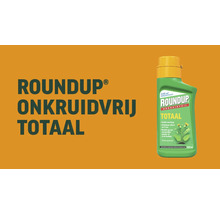 Groene fles Roundup Onkruidvrij Totaal concentraat met gele dop, 500 milliliter, glyfosaatvrij, voor maximaal 220 vierkante meter.