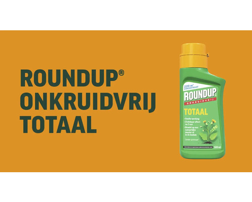 Groene fles Roundup Onkruidvrij Totaal concentraat met gele dop, 500 milliliter, glyfosaatvrij, voor maximaal 220 vierkante meter.