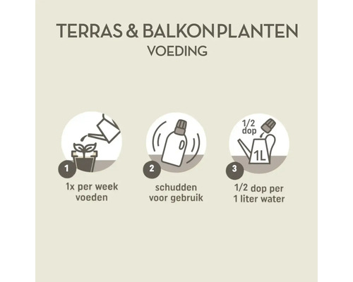 Gebruiksaanwijzing terras- en balkonplantenvoeding: 1. Eenmaal per week voeden. 2. Schudden voor gebruik. 3. Halve dop per 1 liter water.