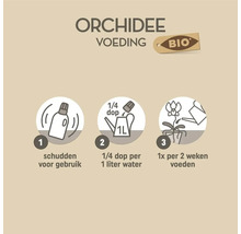 Instructies voor biologische orchideeënvoeding: Schudden voor gebruik, een kwart dop per een liter water en een keer per twee weken voeden.