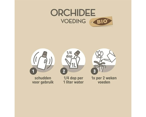 Instructies voor biologische orchideeënvoeding: Schudden voor gebruik, een kwart dop per een liter water en een keer per twee weken voeden.