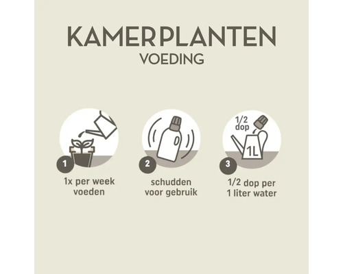 Gebruiksaanwijzing voor kamerplantenvoeding: eenmaal per week voeden, schudden voor gebruik, een halve dop op een liter water.