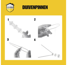 Vierstaps montage-instructie voor duivenpinnen met Home Defense Logo.