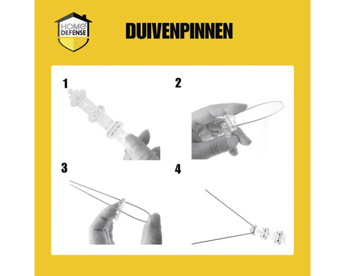 Vierstaps montage-instructie voor duivenpinnen met Home Defense Logo.