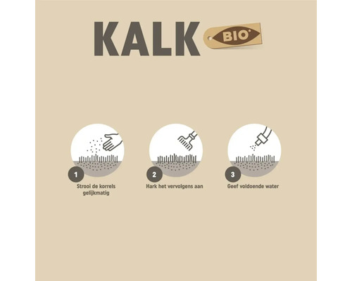 Infographic voor het aanbrengen van bio kalk: 1. korrels gelijkmatig strooien, 2. aanharken, 3. voldoende water geven.