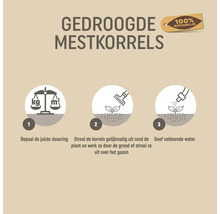 Instructie voor gedroogde mestkorrels: bepaal de dosering, strooi korrels gelijkmatig en werk ze in, geef voldoende water. 100 procent natuurlijk.