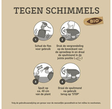 Instructies voor gebruik van een biologisch middel tegen schimmels in vier stappen: schudden, ontgrendelen, spuiten op circa 40 centimeter afstand en sluiten.