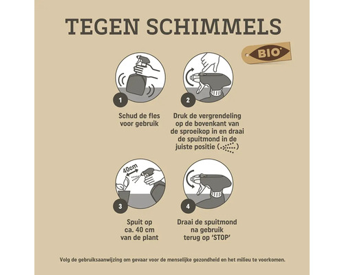 Instructies voor gebruik van een biologisch middel tegen schimmels in vier stappen: schudden, ontgrendelen, spuiten op circa 40 centimeter afstand en sluiten.