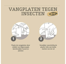 Instructie voor biologische vangplaten tegen insecten: hang de val met ijzerdraad tussen planten en verwijder de beschermfolie.