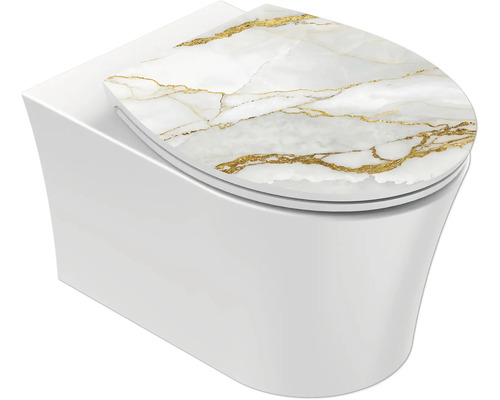 Wandcloset met toiletzitting in marmerlook wit en goud.