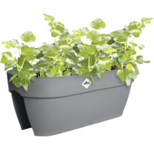 Elho balkonbak voor over de reling van kunststof in antraciet met klimop en Elho Logo.