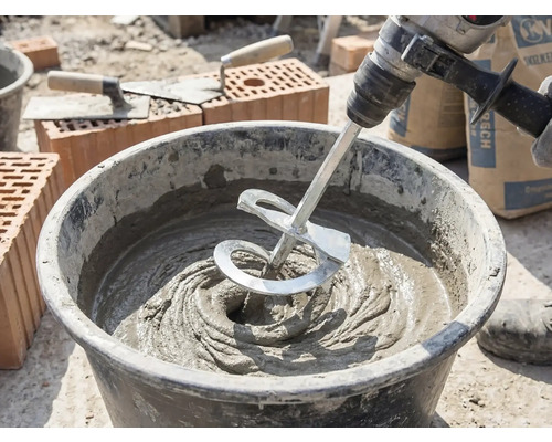 Een menger op een boormachine mengt grijze mortel in een bouwemmer op een bouwplaats met bakstenen en troffels.