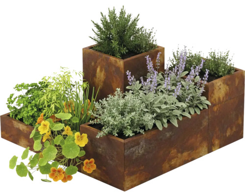 Plantenbakken met roestlook in verschillende hoogtes, beplant met kruiden, Oost-Indische kers en lavendel.