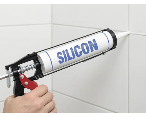 Toepassing van silicone met een kitspuit op een tegelvoeg.