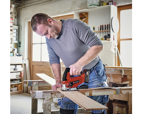 Een vakman zaagt in een lichte werkplaats met een Einhell decoupeerzaag op batterijen een houten plank op een werkbank. Einhell Logo.