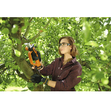 Vrouw gebruikt een Worx accu-reciprozaag om een tak te snoeien in een tuin. Ze draagt een veiligheidsbril en handschoenen.