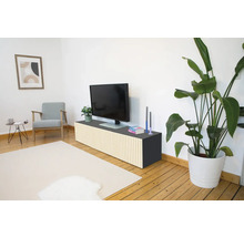 Moderne woonkamer met tv-meubel voorzien van verticale houten latten, televisie, fauteuil en kamerplant op een houten vloer.
