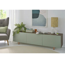Lichte, modern ingerichte woonkamer met een dressoir in groen en houtlook, een grijze fauteuil, een kamerplant en een tafellamp.