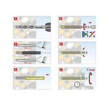 Montage-instructie voor chemische ankers in beton: boren, reinigen, capsule plaatsen, ankerstang indraaien en vastdraaien.