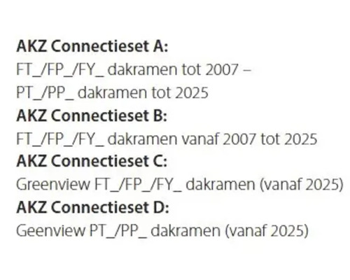 Compatibiliteitstabel voor AKZ connectiesets A tot en met D voor verschillende types dakramen en tijdsperioden.